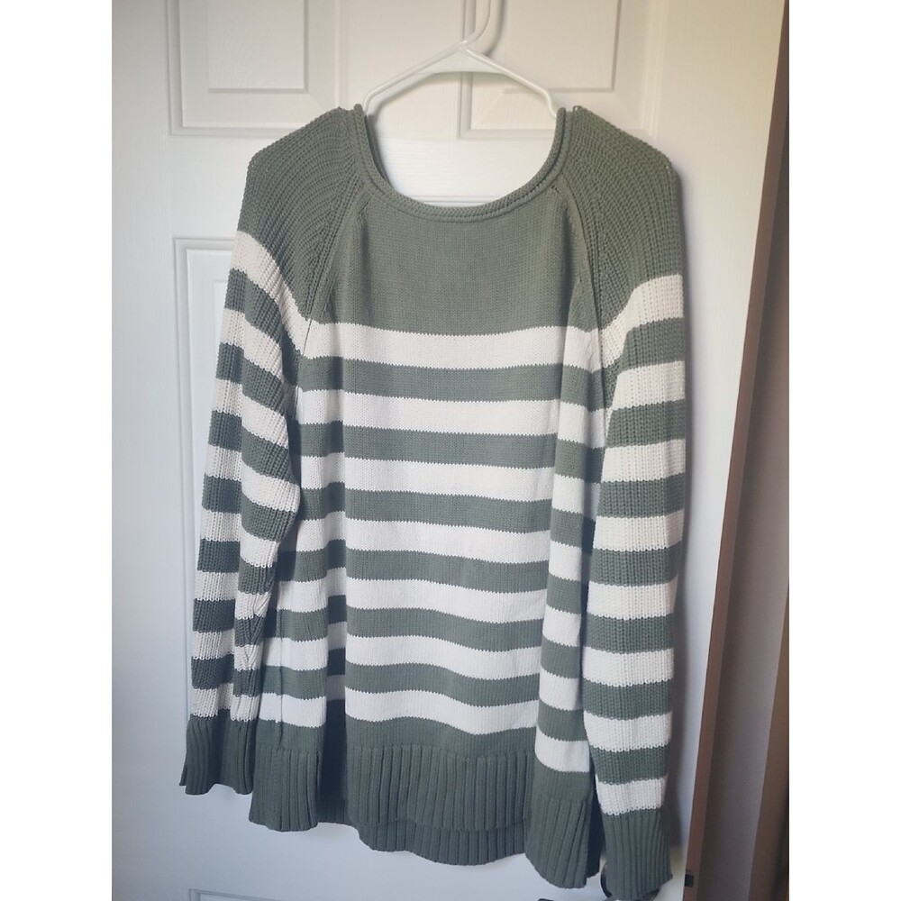 aerie Olive and White Striped Scoop-Neck Sweater